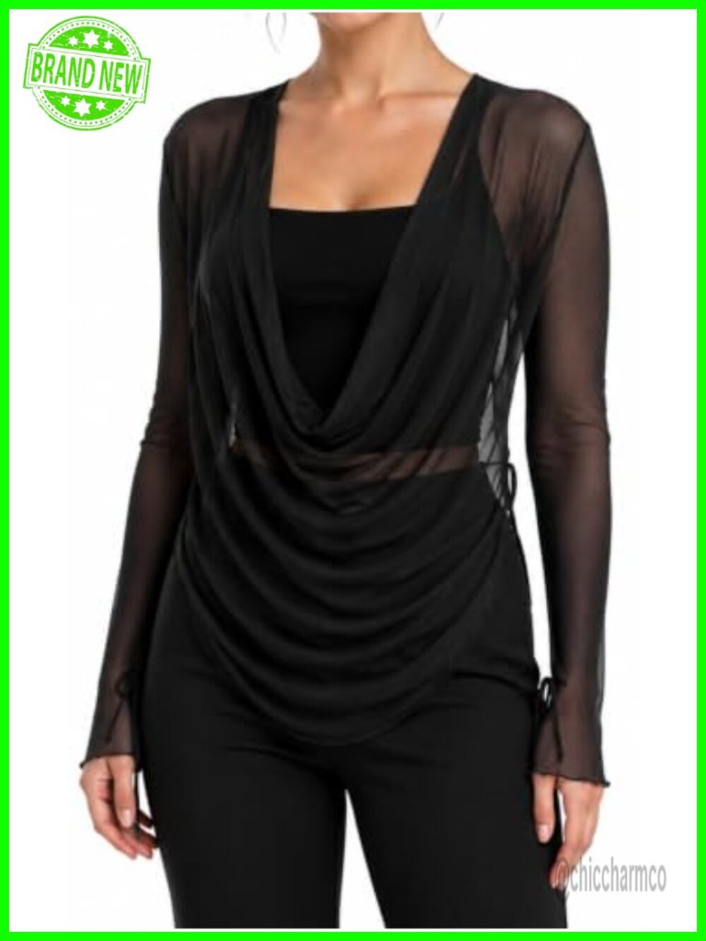 Sheer Mesh Cowl Neck Long Sleeve Draped Crop Top Going Out Blouse